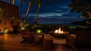 Visual editoriale neutra di un falò in un resort, senza persone riconoscibili