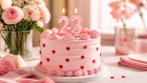 Illustrazione originale di una torta di compleanno rosa con candeline 23