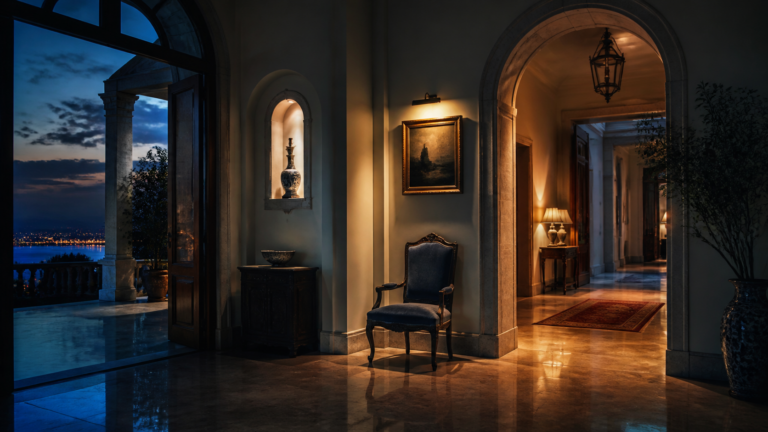 Interno di villa al crepuscolo, illustrazione contestuale per L'Erede