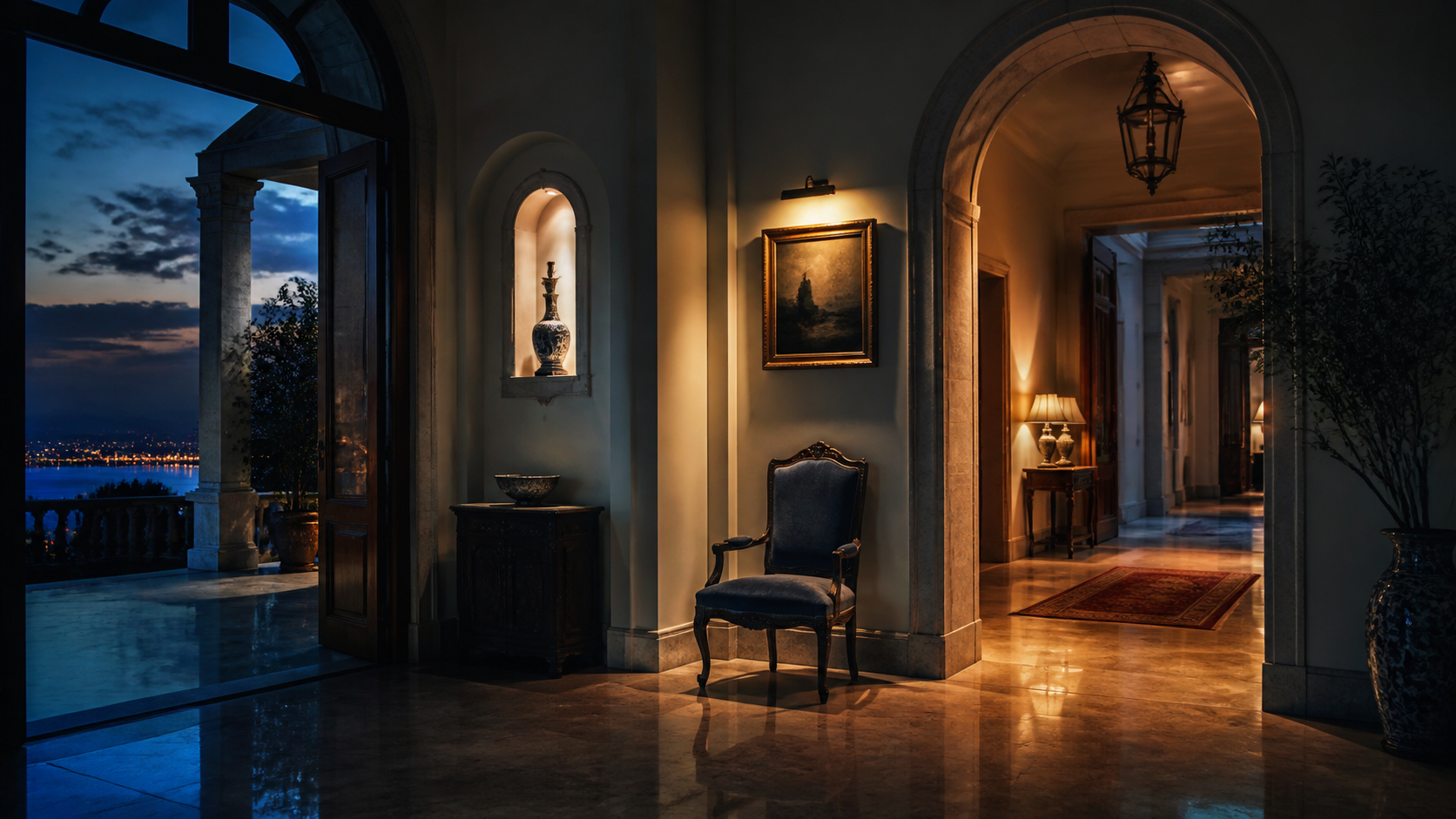 Interno di villa al crepuscolo, illustrazione contestuale per L'Erede