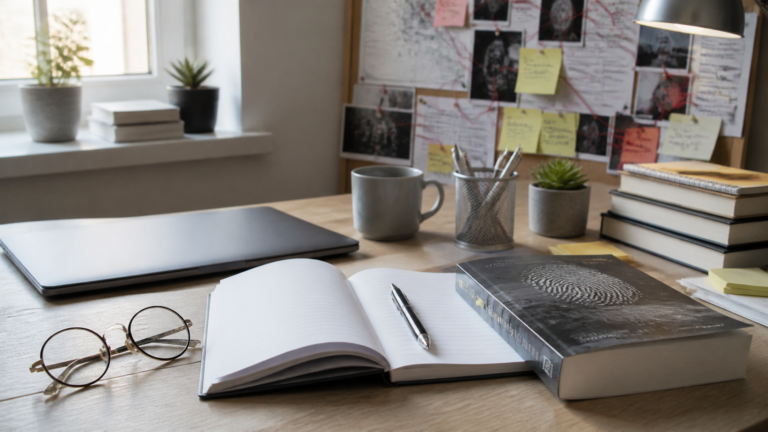 Libri, quaderno e appunti su una scrivania dedicata allo studio della criminologia