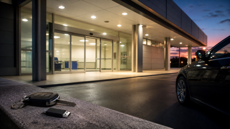 Ingresso di un ospedale al tramonto con chiavi e memoria USB in primo piano