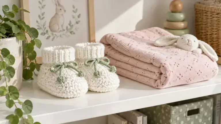 Scarpine da neonato e coperta rosa: illustrazione simbolica, non una fotografia della famiglia